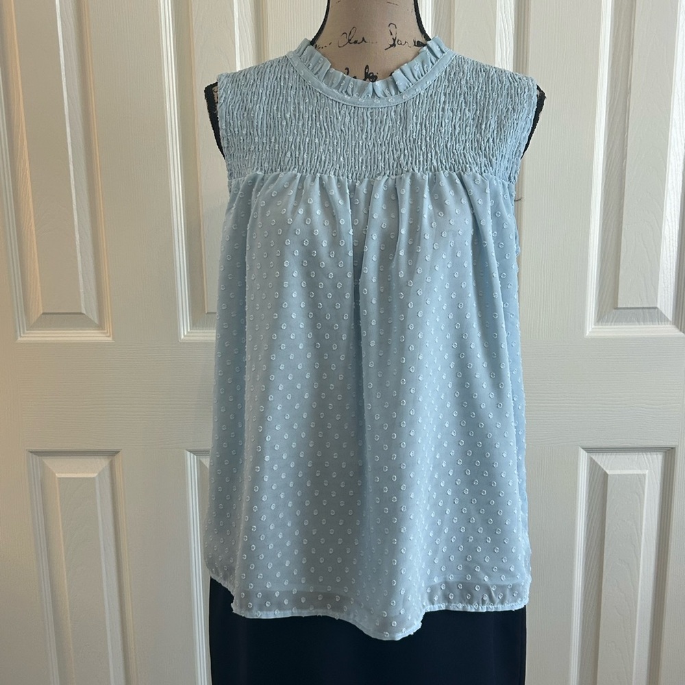 Light Blue Sleeveless Swiss Dot Smocked Top